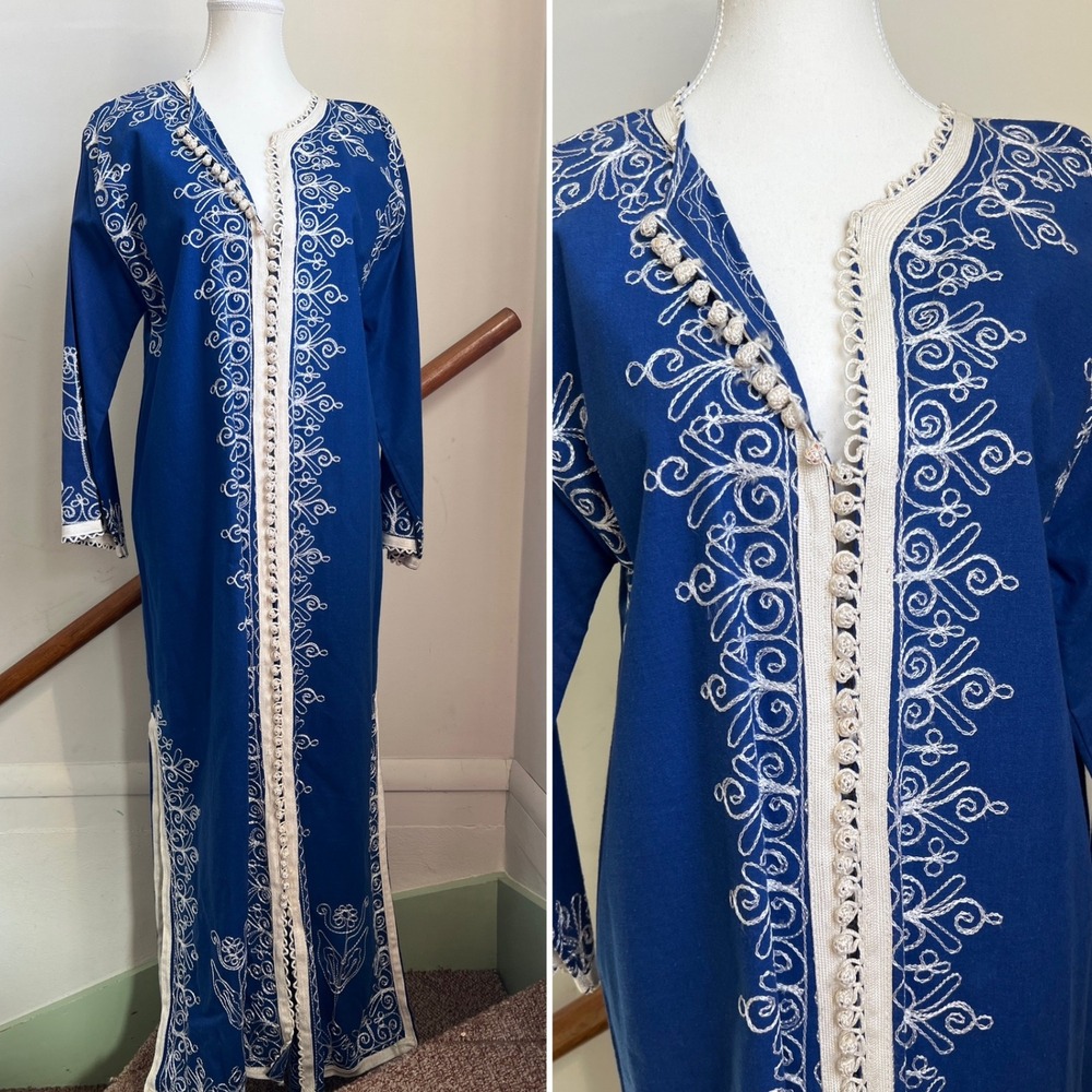 Vintage Moroccan Kaftan Dress Blue White Embroidered Maxi Boho Long Sleeve 70s